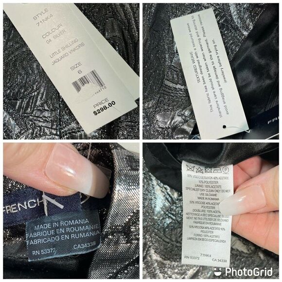 French Connection Art Deco Metallic Dress Silver Deep V Cocktail Party - Picture 8 of 16